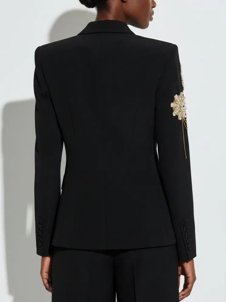 Embellished Chain-Detail Double-Breasted Black Blazer - Jackets