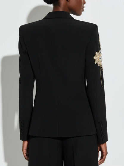 Embellished Chain-Detail Double-Breasted Black Blazer - Jackets