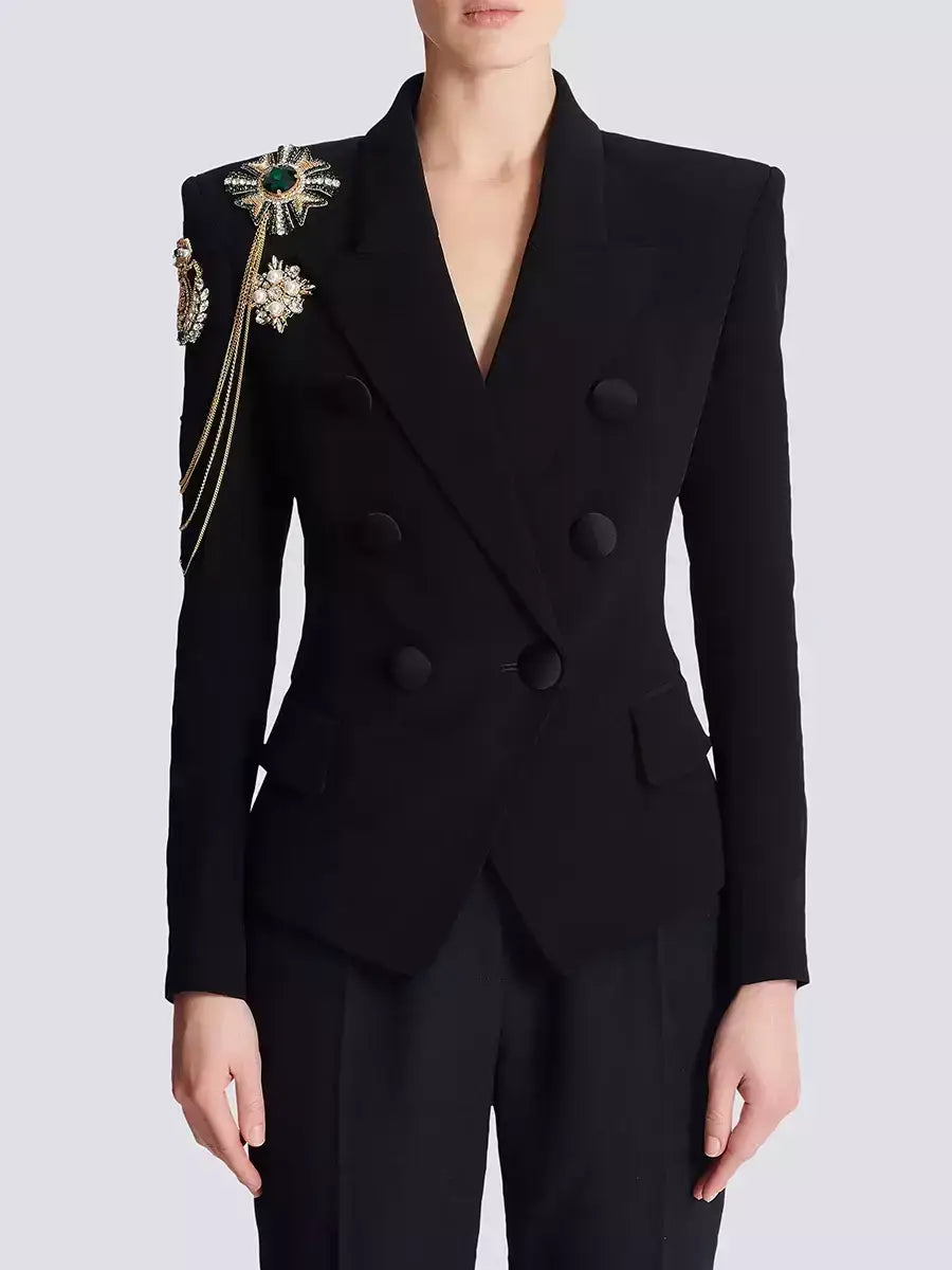 Embellished Chain-Detail Double-Breasted Black Blazer - Jackets