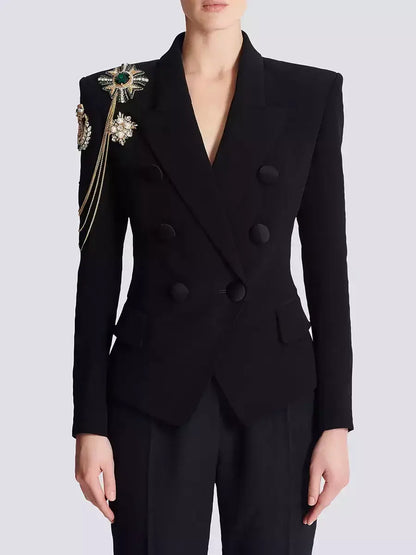 Embellished Chain-Detail Double-Breasted Black Blazer - Jackets