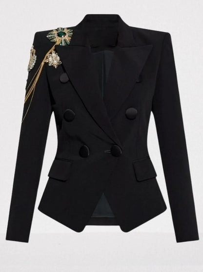 Embellished Chain-Detail Double-Breasted Black Blazer - Jackets