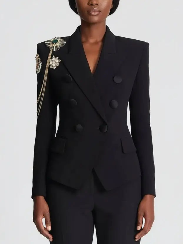 Embellished Chain-Detail Double-Breasted Black Blazer - Jackets