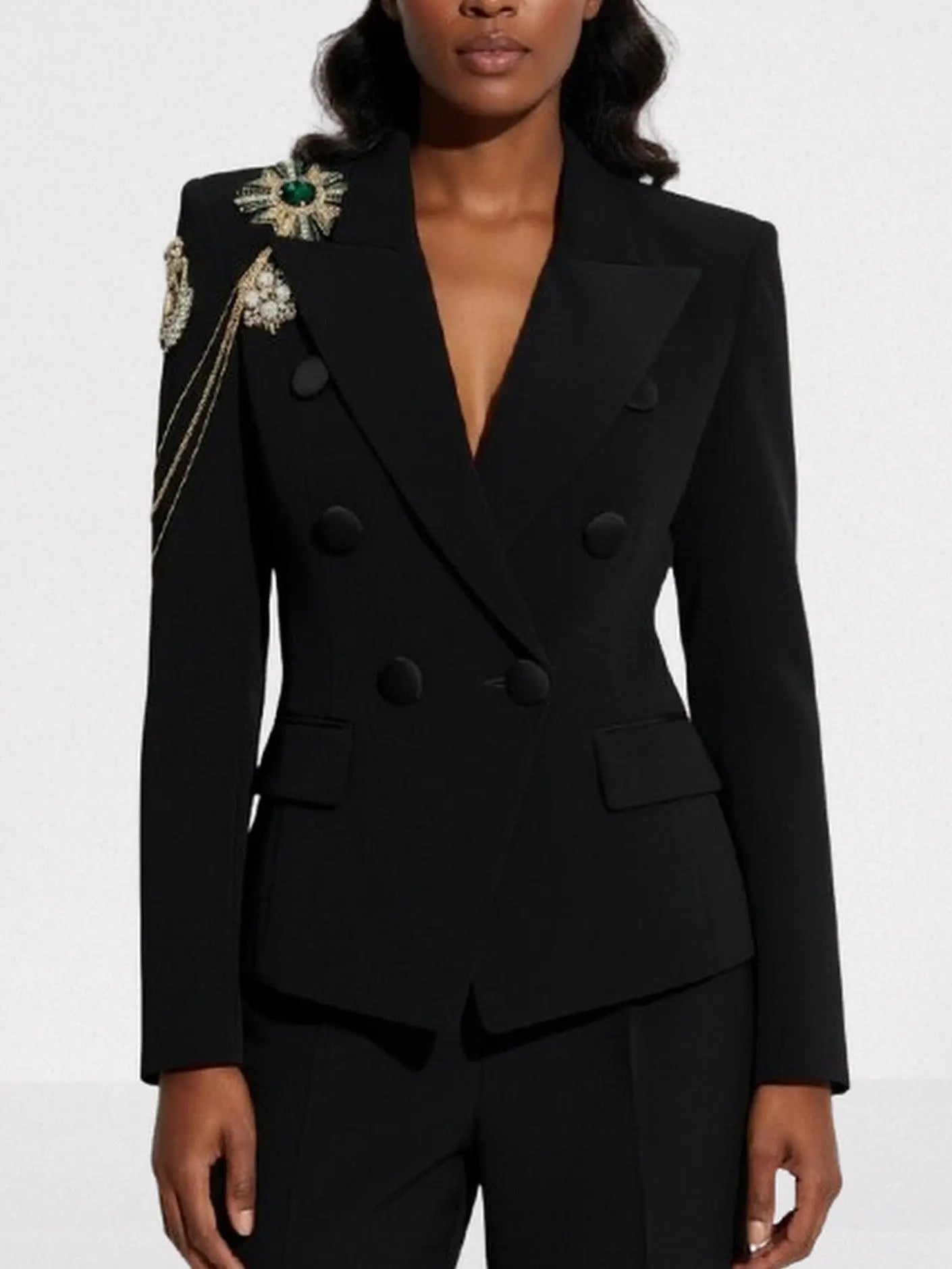 Embellished Chain-Detail Double-Breasted Black Blazer - S - Jackets