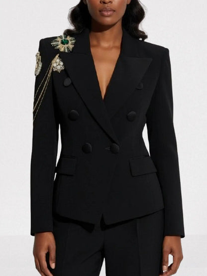 Embellished Chain-Detail Double-Breasted Black Blazer - S - Jackets