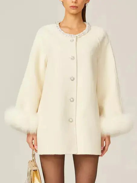 Embellished-Collar Flared Short Coat with Fur Cuffs - Coats