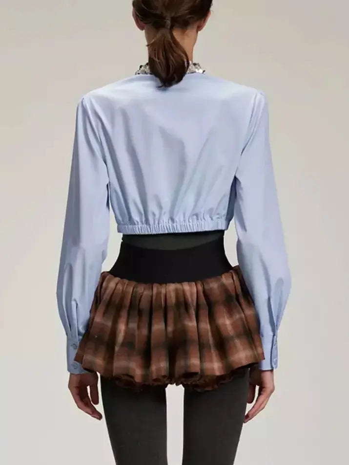 Embellished-Collar Ruffled Crop Shirt in Blue - Tops