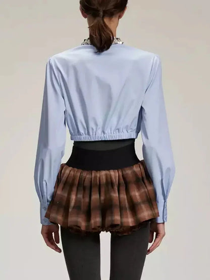 Embellished-Collar Ruffled Crop Shirt in Blue - Tops