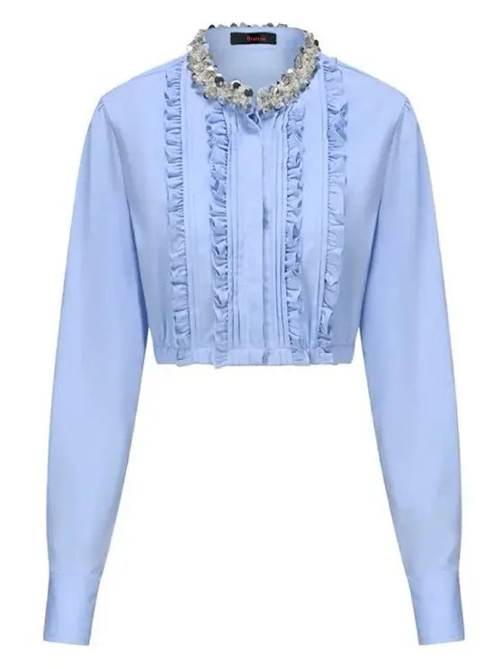 Embellished-Collar Ruffled Crop Shirt in Blue - Tops