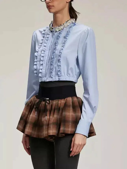 Embellished-Collar Ruffled Crop Shirt in Blue - Tops