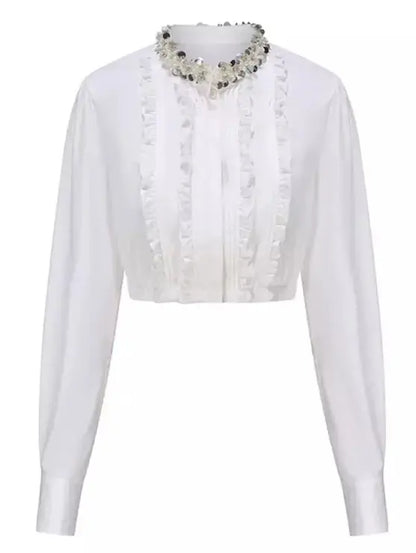 Embellished-Collar Ruffled Crop Shirt in White - Tops