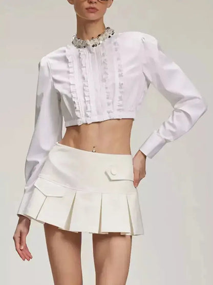 Embellished-Collar Ruffled Crop Shirt in White - Tops