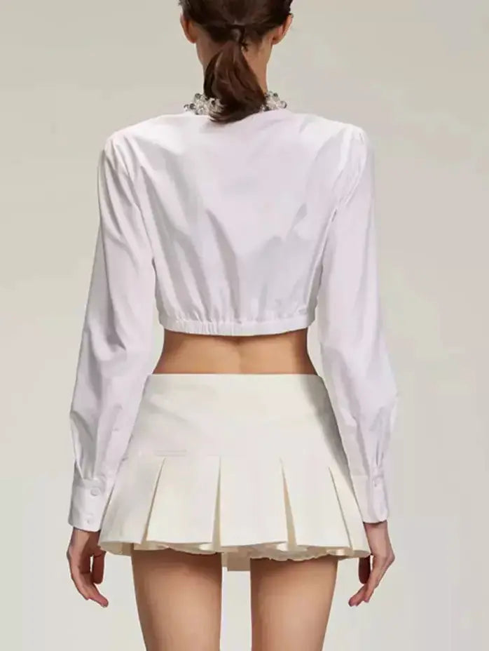 Embellished-Collar Ruffled Crop Shirt in White - Tops