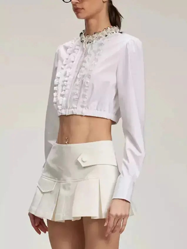 Embellished-Collar Ruffled Crop Shirt in White - Tops