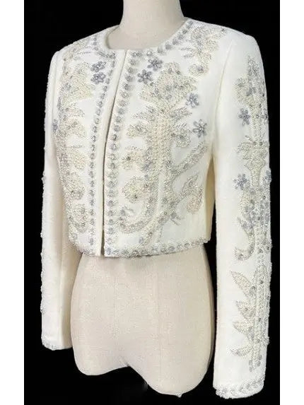 Embellished Cropped White Jacket - Jackets