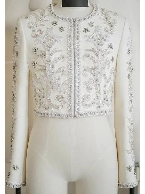 Embellished Cropped White Jacket - Jackets