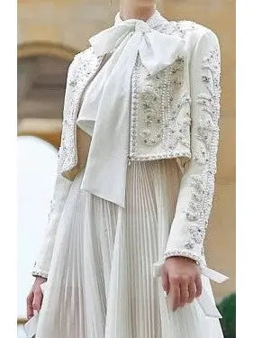 Embellished Cropped White Jacket - Jackets