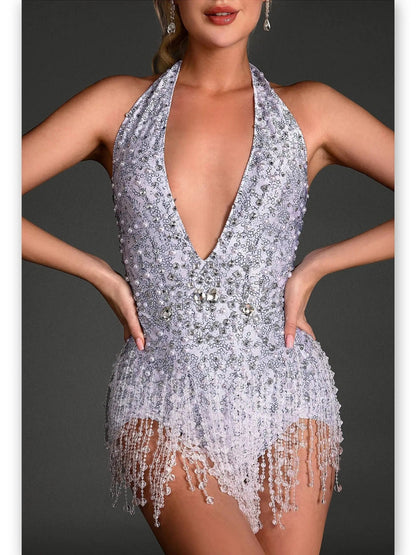 Embellished Deep V-Neck Beaded-Fringe Jumpsuit - Suits & Sets