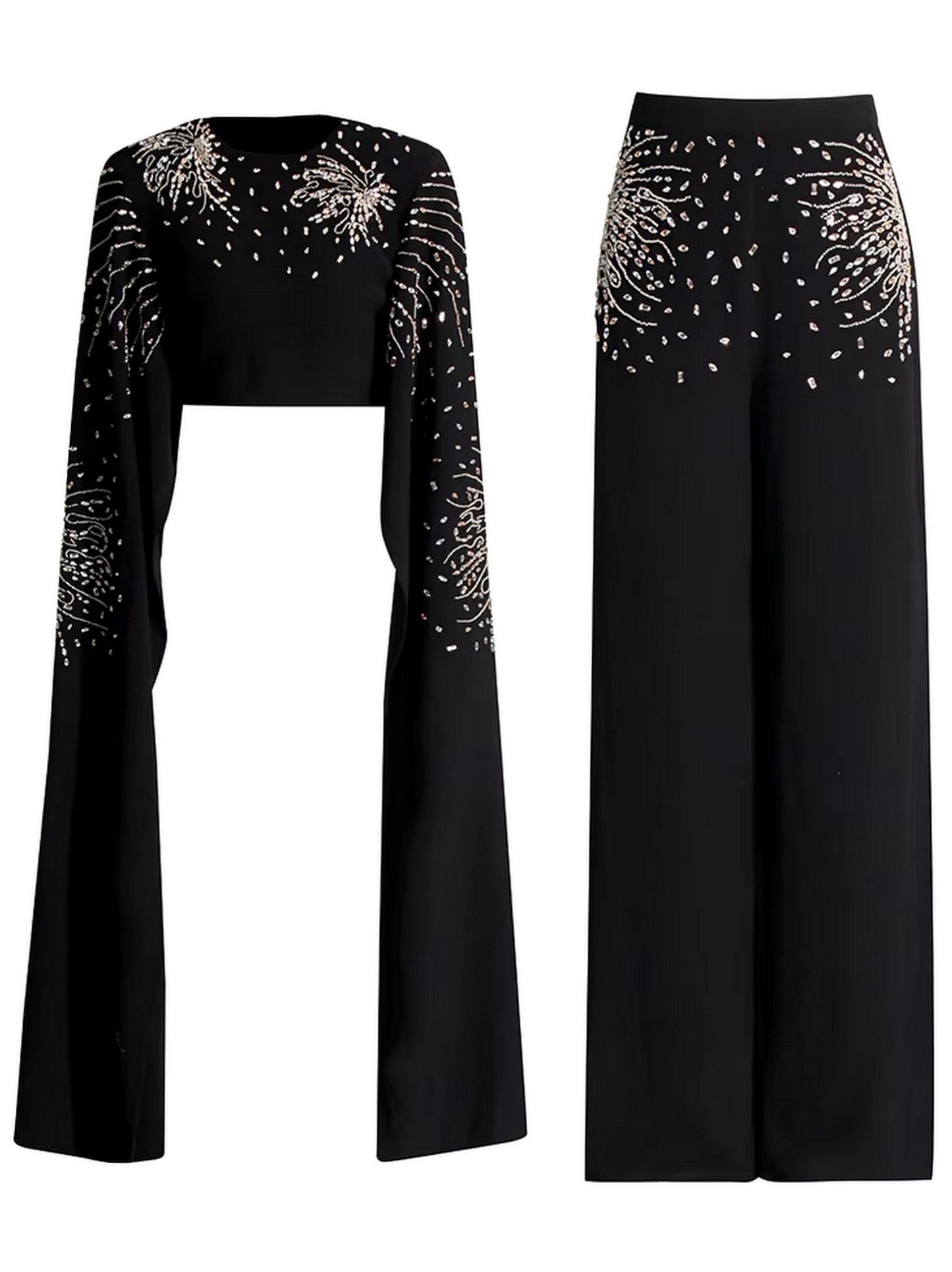 Embellished Extended Sleeve Crop Top and Wide-Leg Pant Suit - Suits & Sets