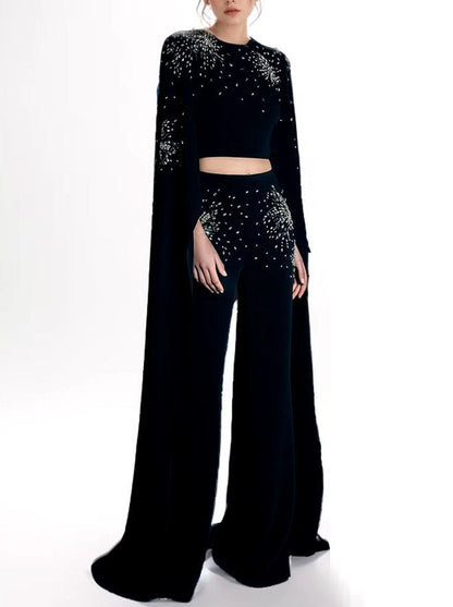 Embellished Extended Sleeve Crop Top and Wide-Leg Pant Suit - Suits & Sets