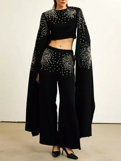 Embellished Extended Sleeve Crop Top and Wide-Leg Pant Suit - Suits & Sets