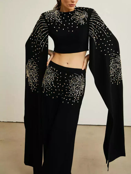 Embellished Extended Sleeve Crop Top and Wide-Leg Pant Suit - Suits & Sets