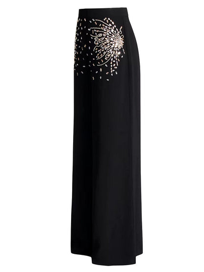 Embellished Extended Sleeve Crop Top and Wide-Leg Pant Suit - Suits & Sets