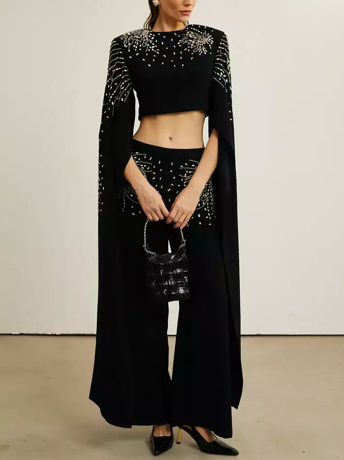 Embellished Extended Sleeve Crop Top and Wide-Leg Pant Suit - Suits & Sets