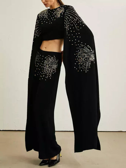 Embellished Extended Sleeve Crop Top and Wide-Leg Pant Suit - Suits & Sets