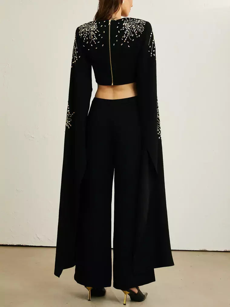 Embellished Extended Sleeve Crop Top and Wide-Leg Pant Suit - Suits & Sets