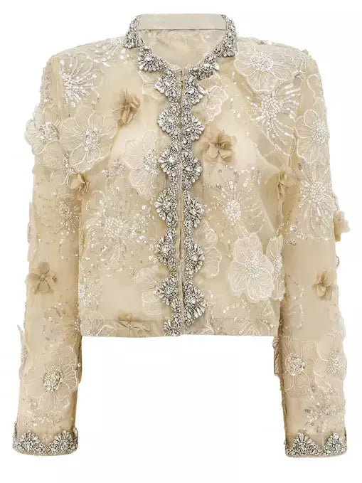 Embellished Floral-Applique Semi-Sheer Organza Jacket - Jackets