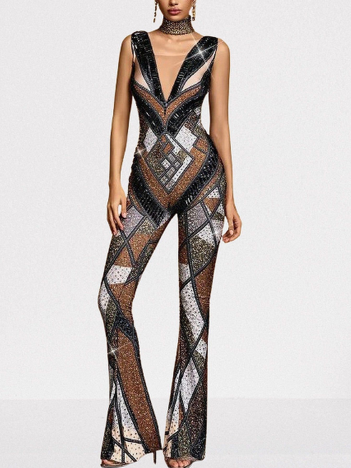Embellished Geometric Jumpsuit with Deep V-Neck - S - Suits & Sets