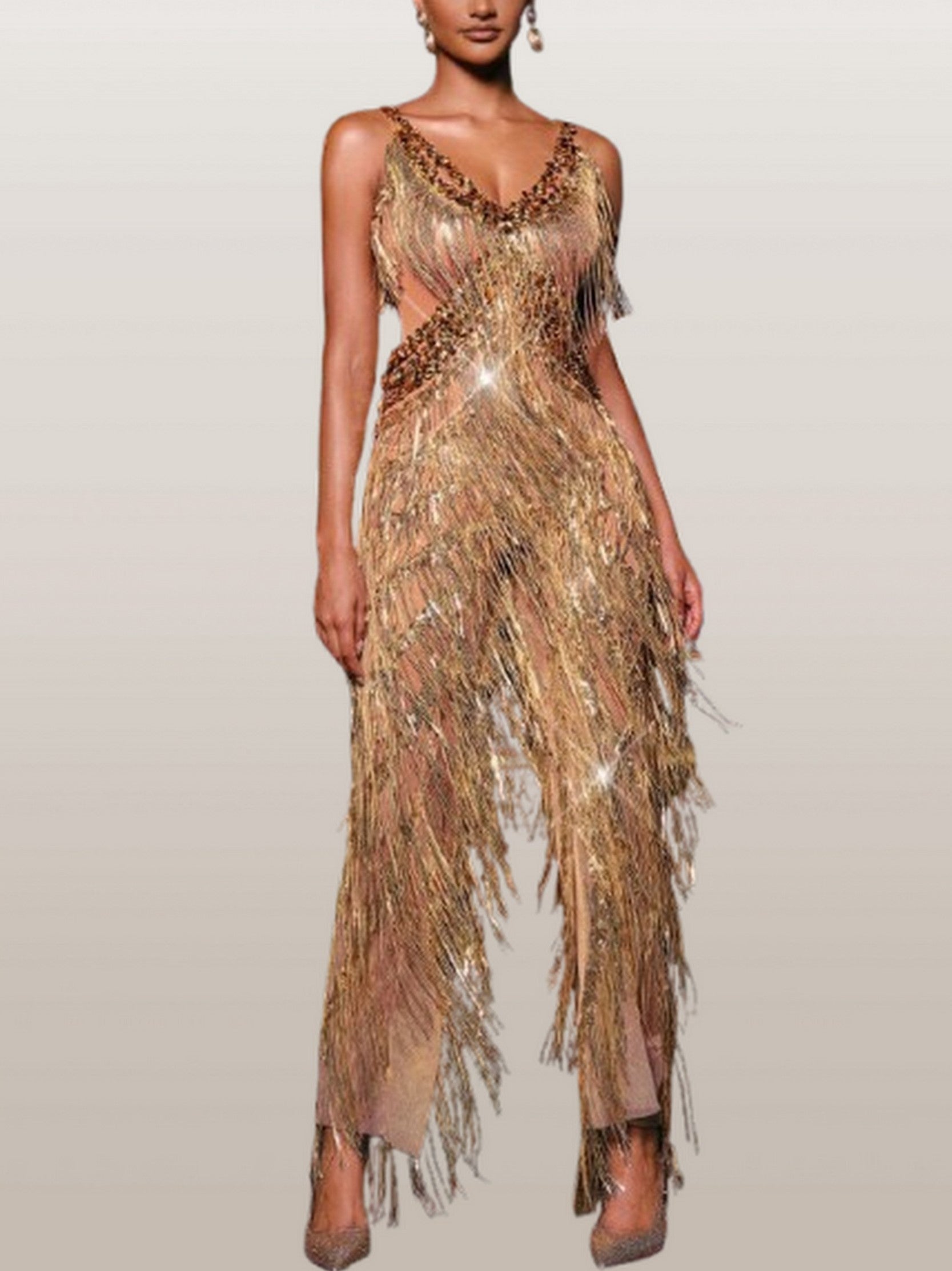 Embellished Gold Fringed Cut-Out Jumpsuit - Suits & Sets