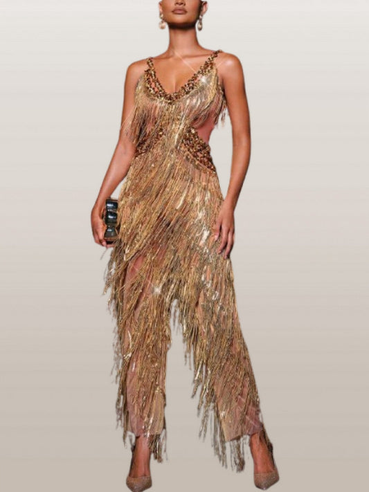 Embellished Gold Fringed Cut-Out Jumpsuit - S - Suits & Sets