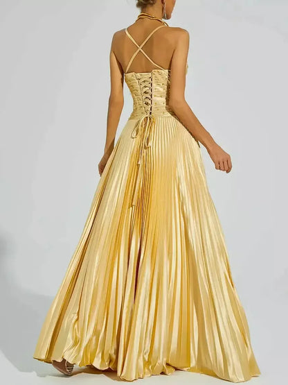 Embellished Gold Pleated Gown with Back Lace-Up Detail - Dresses