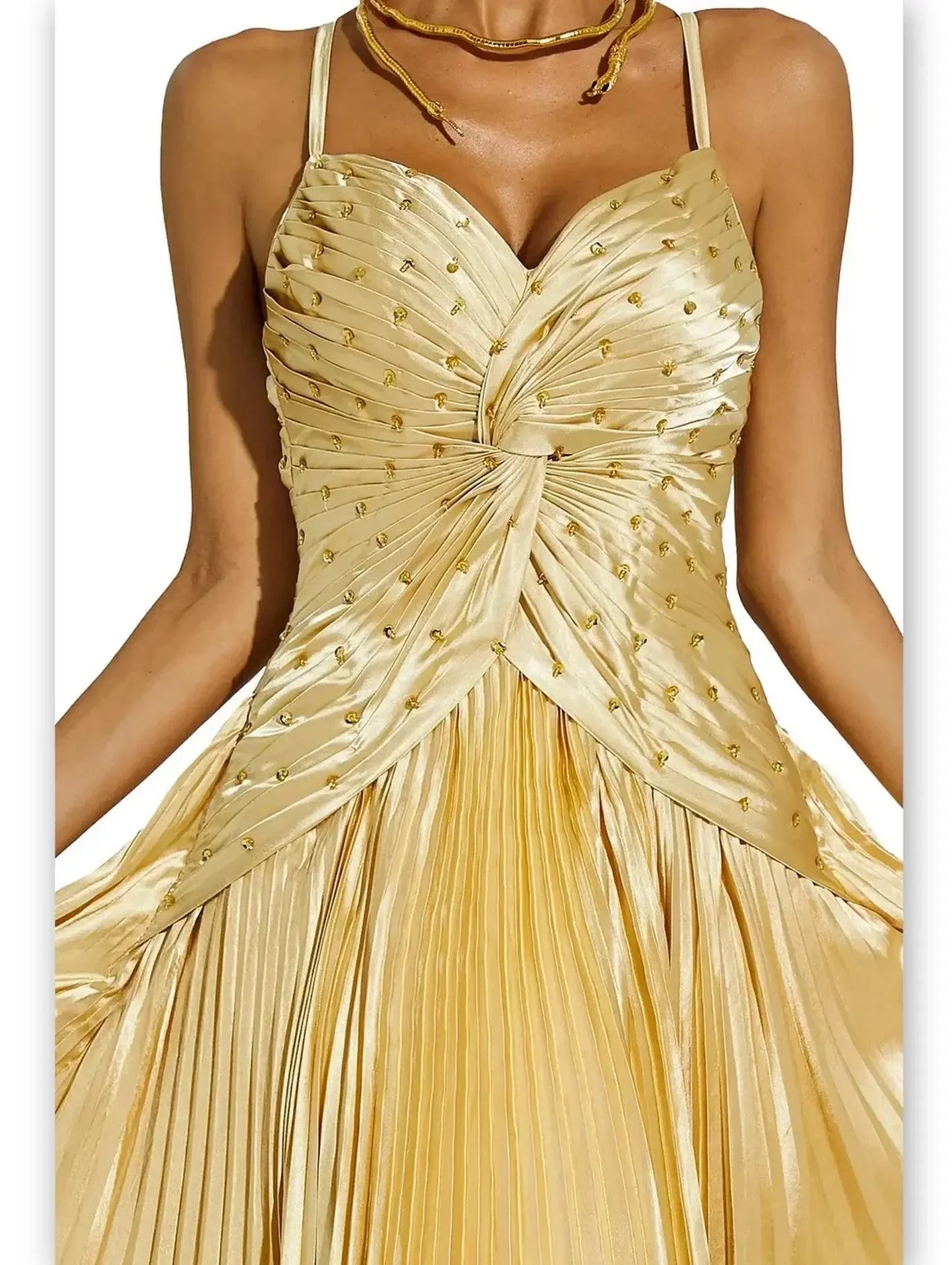 Embellished Gold Pleated Gown with Back Lace-Up Detail - Dresses