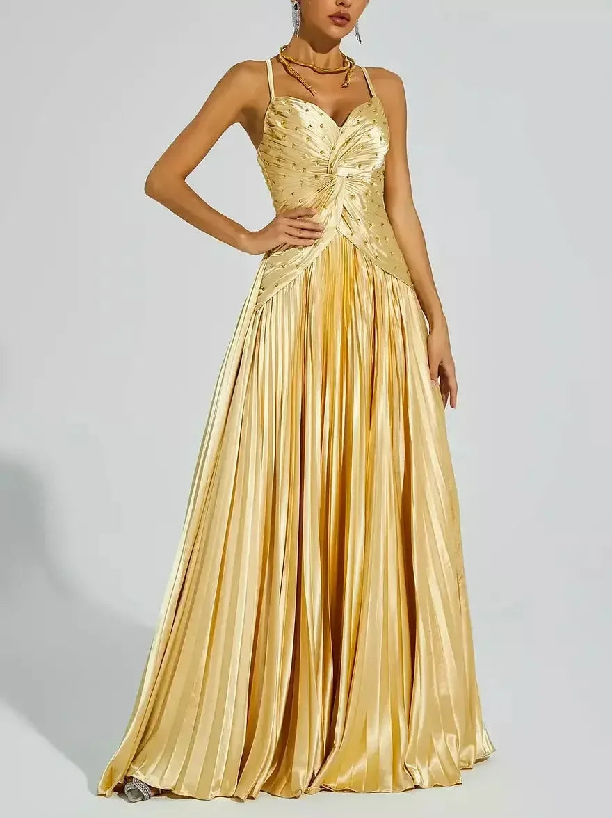 Embellished Gold Pleated Gown with Back Lace-Up Detail - Dresses
