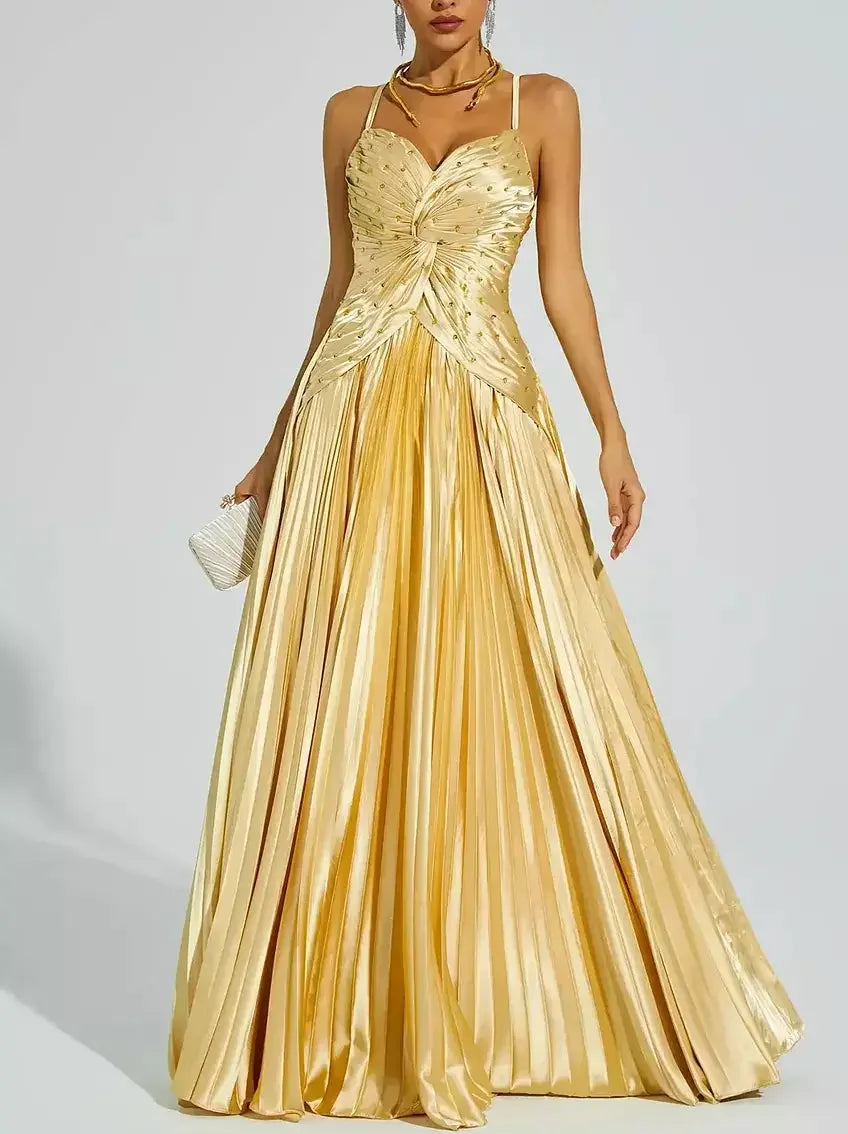 Embellished Gold Pleated Gown with Back Lace-Up Detail - Dresses