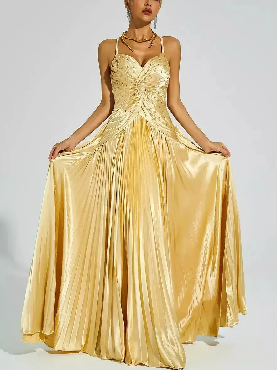 Embellished Gold Pleated Gown with Back Lace-Up Detail - Dresses