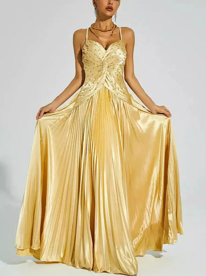 Embellished Gold Pleated Gown with Back Lace-Up Detail - Dresses