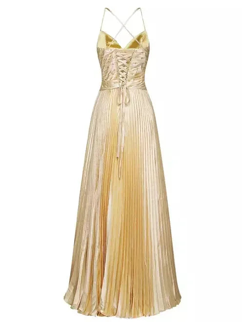 Embellished Gold Pleated Gown with Back Lace-Up Detail - Dresses