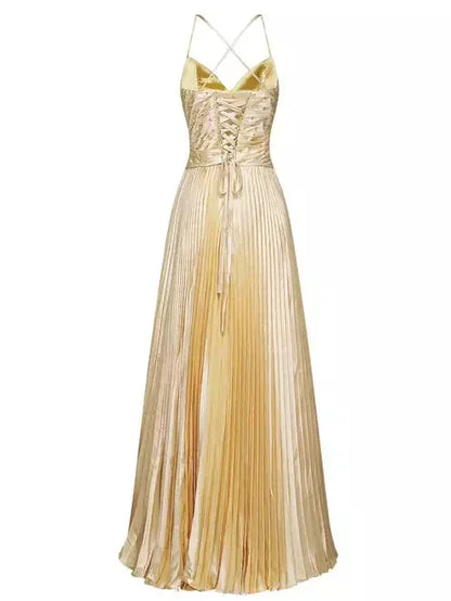 Embellished Gold Pleated Gown with Back Lace-Up Detail - Dresses