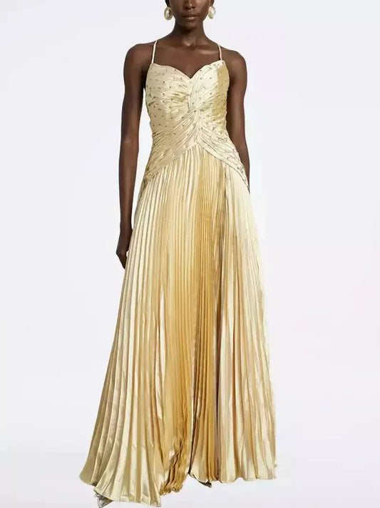 Embellished Gold Pleated Gown with Back Lace-Up Detail - Dresses