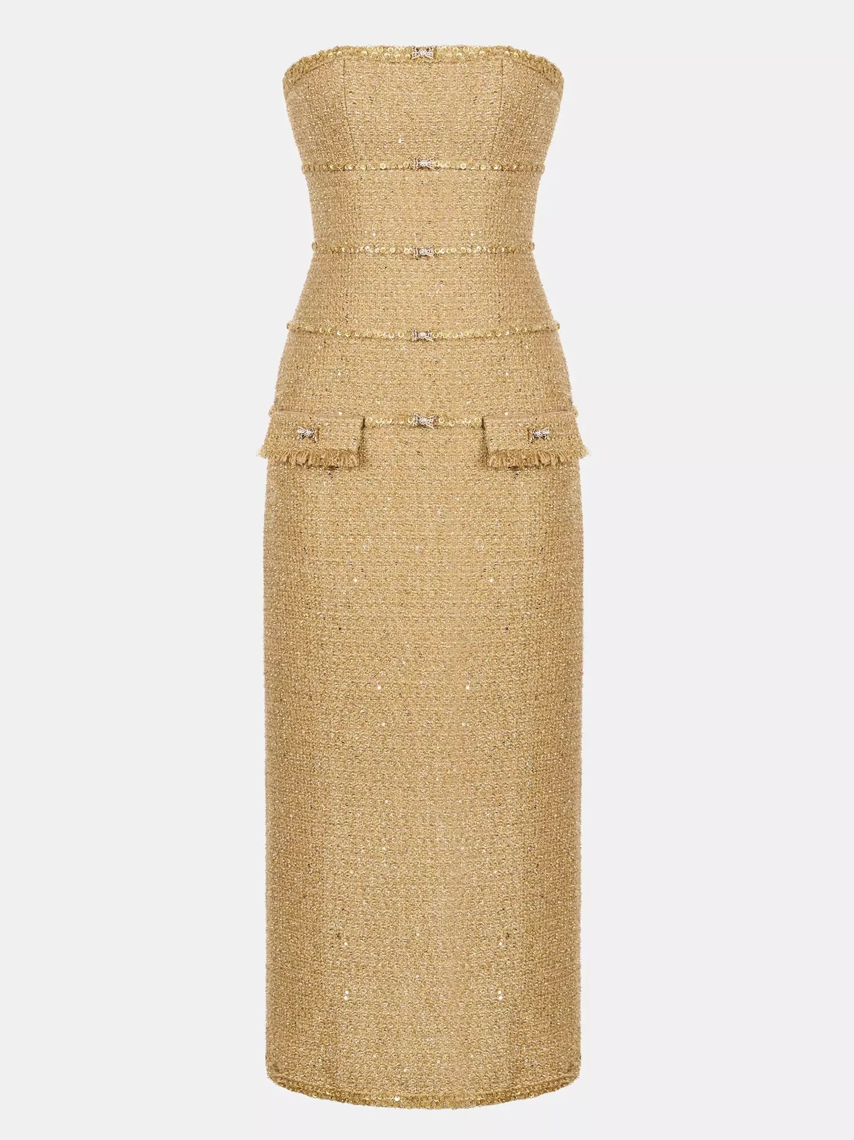Embellished Gold Tweed Strapless Midi Dress - Branna Embellished Gold Tweed Strapless Midi Dress - Branna