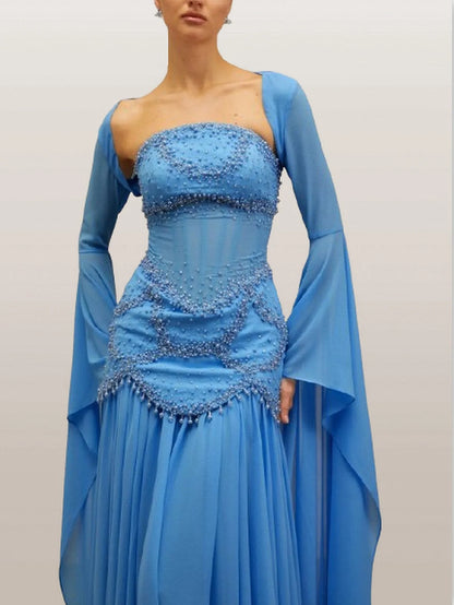 Embellished Gown with Detachable Shawl in Blue - Dresses
