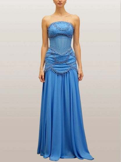 Embellished Gown with Detachable Shawl in Blue - Dresses