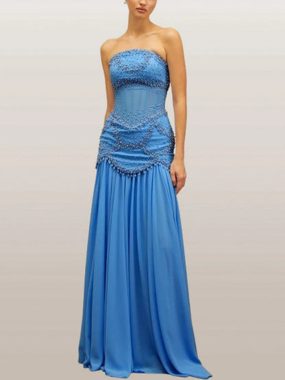 Embellished Gown with Detachable Shawl in Blue - Dresses