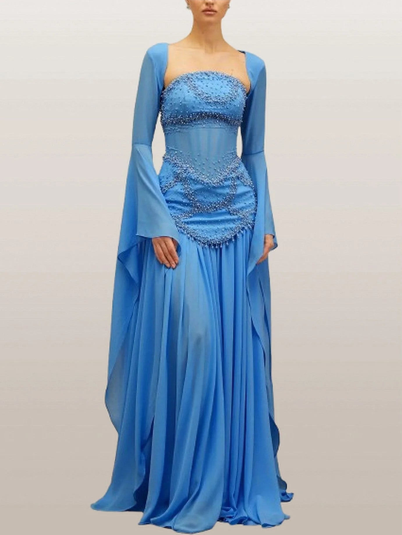 Embellished Gown with Detachable Shawl in Blue - Dresses