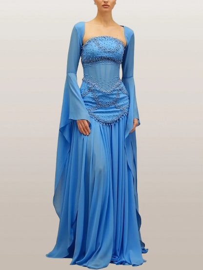 Embellished Gown with Detachable Shawl in Blue - Dresses
