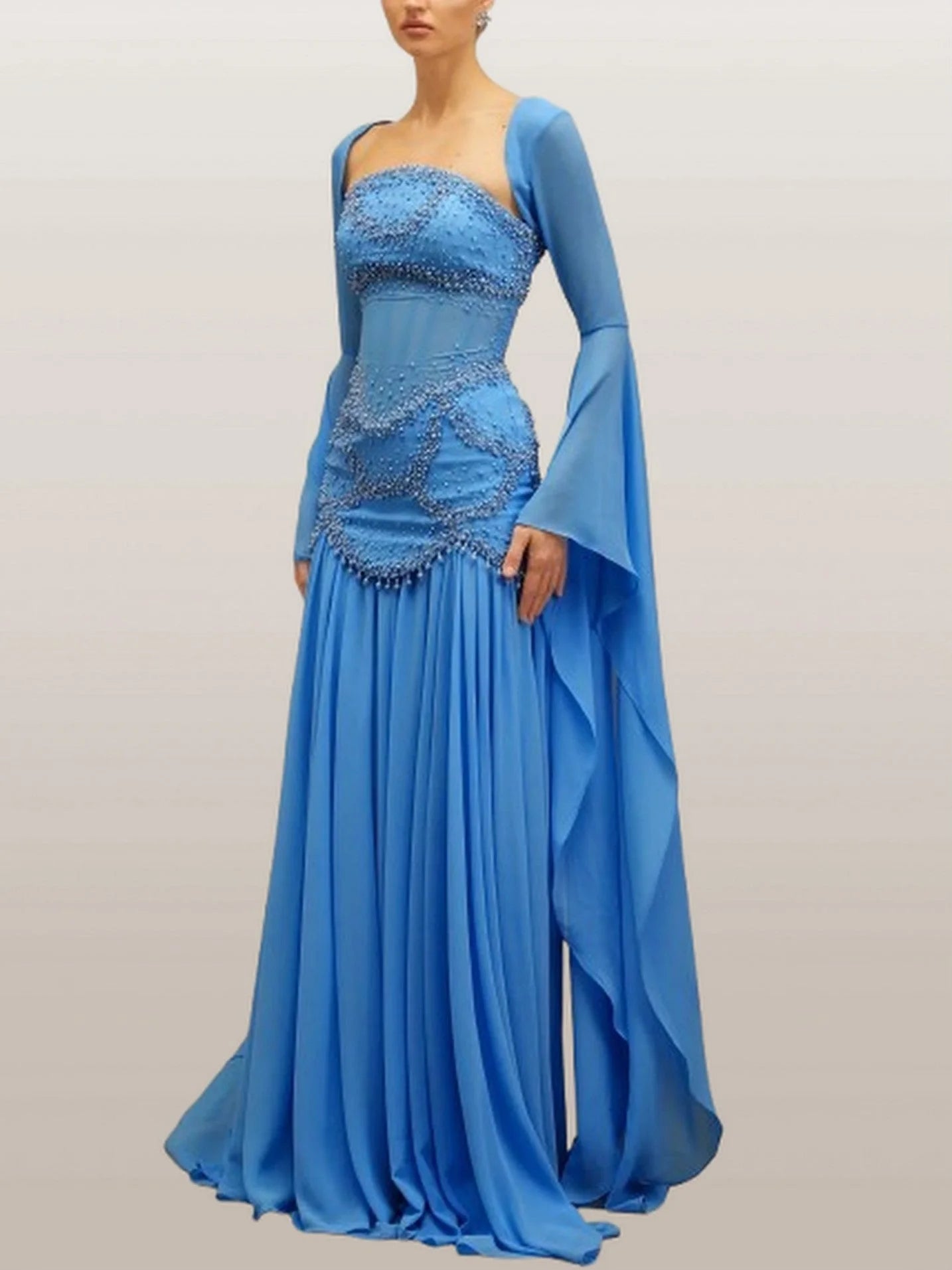 Embellished Gown with Detachable Shawl in Blue - Dresses
