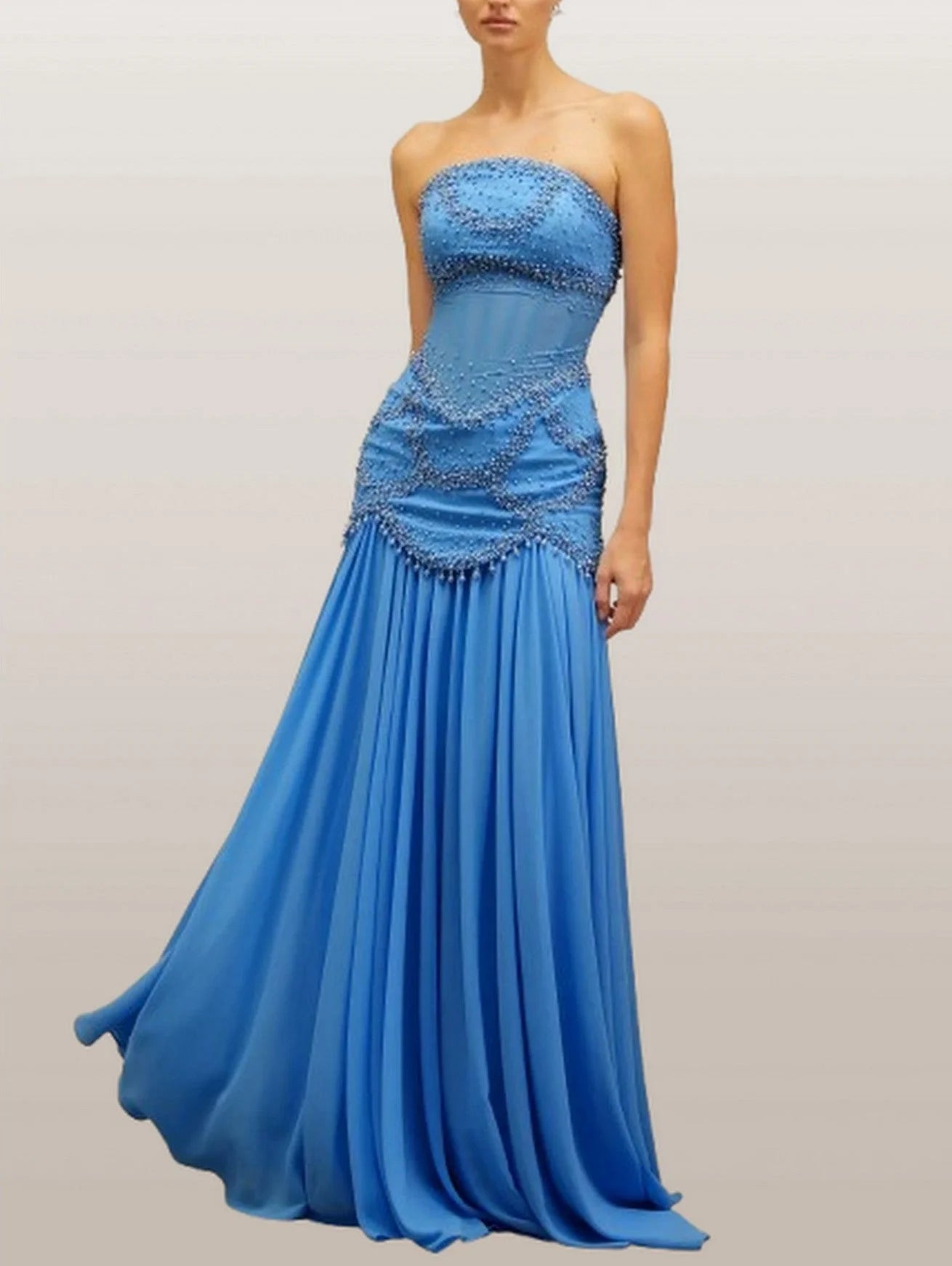 Embellished Gown with Detachable Shawl in Blue - Dresses